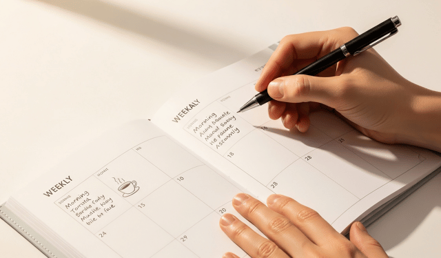 Persona escribiendo en una agenda semanal, representando organización y planificación en clases de español personalizadas